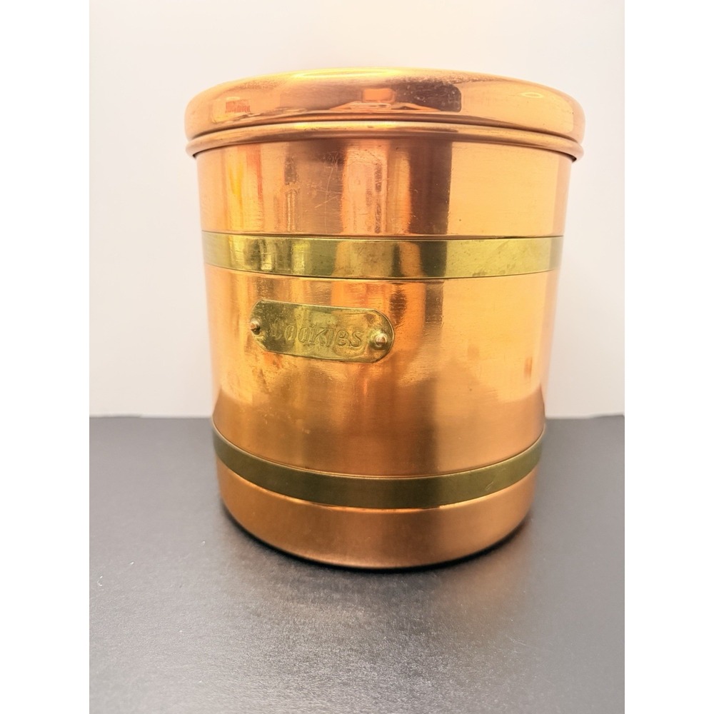 Vintage Copper Cookie Jar Canister Brass Trim Brass Handle Lid Kitchen Decor